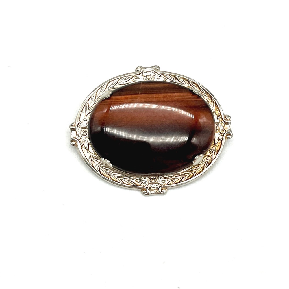 Vintage Tiger Eye Brooch Oval Cabochon Silver Tone Floral‎ Pin